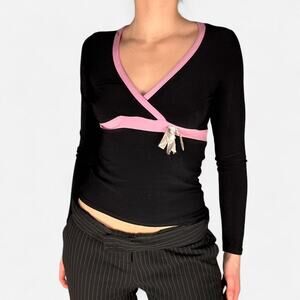 French vintage babydoll vneck wrap top black pink long sleeve bow - XS Parada